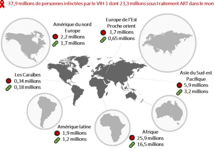 Figure 1 : Estimation du nombre de personnes vivant avec le VIH-1 par région du monde  et ayant accès à un traitement ART en 2018  (adaptée de (UNAIDS 2019))