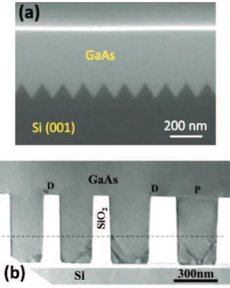 Figure 1.31 : Couches bidimensionnelles de GaAs obtenue par ART puis ELOG. (a) Avec  retrait du SiO 2  [93] et (b) sans retrait de l’oxyde [90] (D = dislocations, P = défauts 