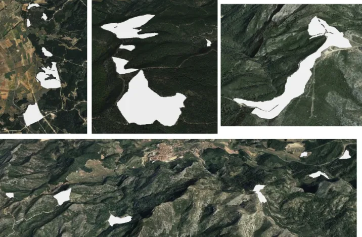Figure  7.  Examples  of  spatial  patterns  of  PB  in  Catalonia,  overlaid  on  Google  Earth  imagery