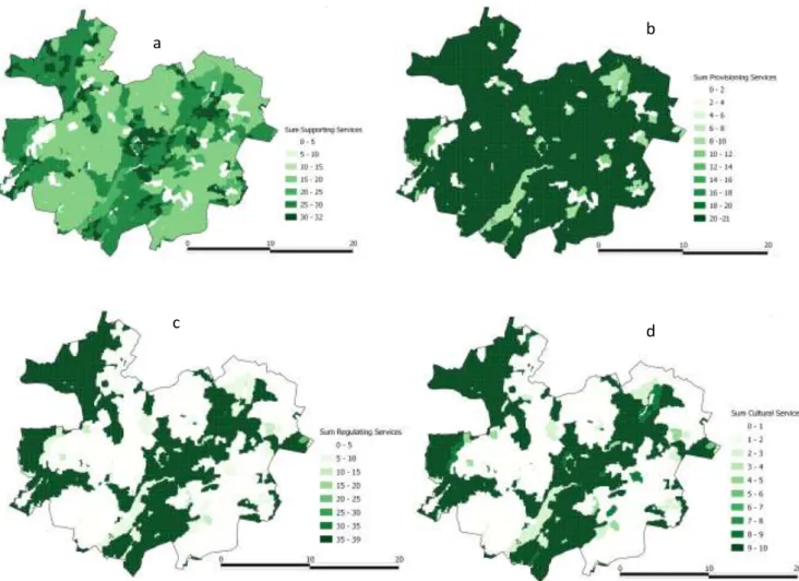Figure 2 Spatial distribution of aggregated ecosystem services for the following categories: a) supporting services; b) provisioning  services; c) regulating services; d) cultural services