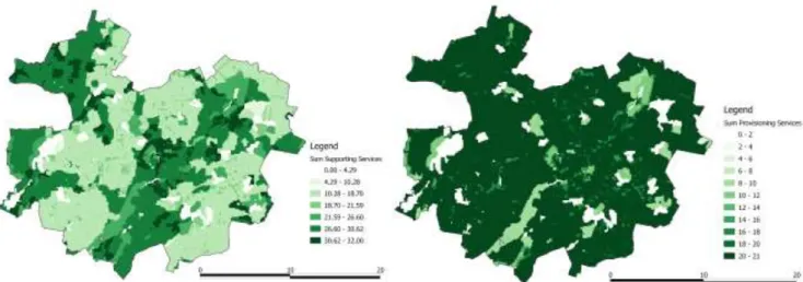 Figure  5      Spatial  distribution  of  aggregated  ecosystem  services  considering  landscape  areal  elements:  left)  supporting  services; 