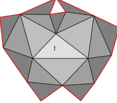 Figure 10: The third-ring triangles of the triangle t do not form a topological disk.