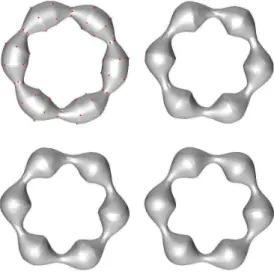 Figure 12: Interpolation of   <  H   071    on the torus with (a) 100 regularly spaced sample points (shown in red), (b) 500, (c) 1000 and (d) 4000 random sample points.