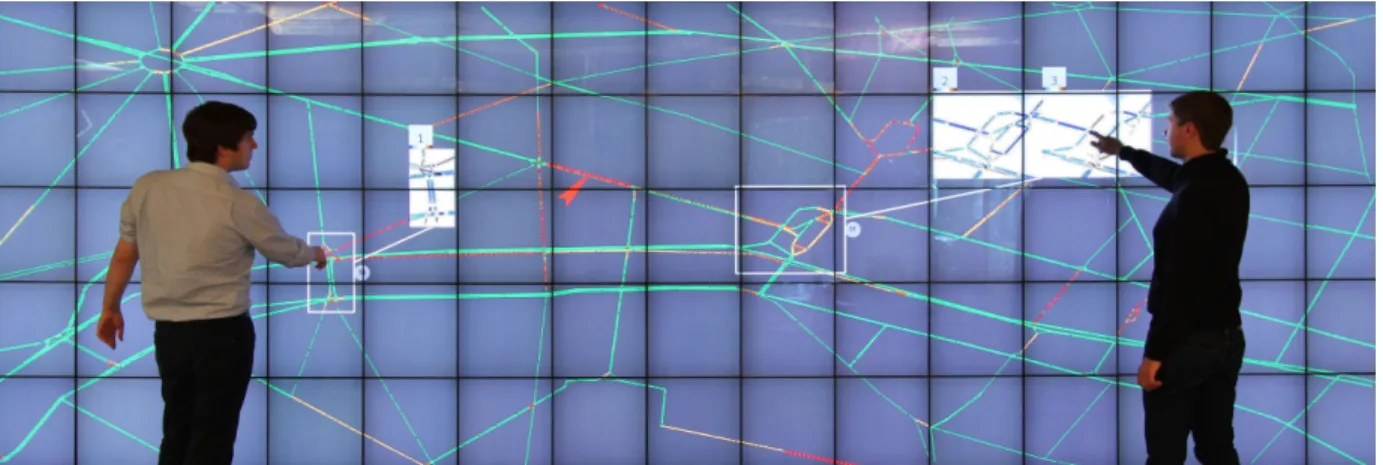 Figure 1. Visualization of traffic in a city with two “DragMagics” (white rectangles) showing one (left) and two (right) simulations associated with different possible interventions on the traffic