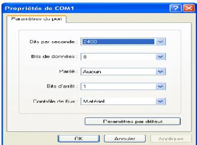 Figure 12 : Propriétés de COM1 