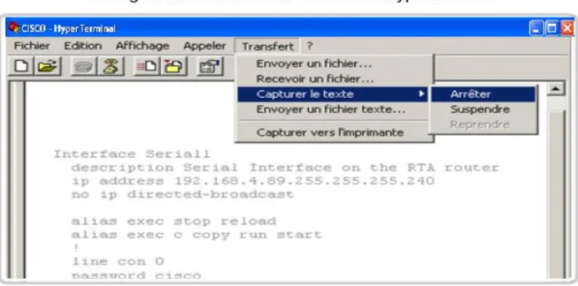 Figure 13 : enregistrement d‟un fichier texte dans HyperTerminal  Par défaut tous les interfaces d‟un routeur : 