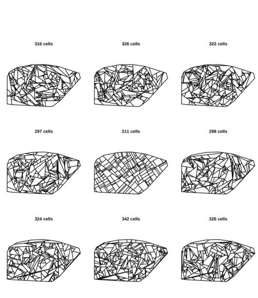 Figure 5: Center: a T-tessellation supposed to be a realization of the CRTT model with unknown parameter