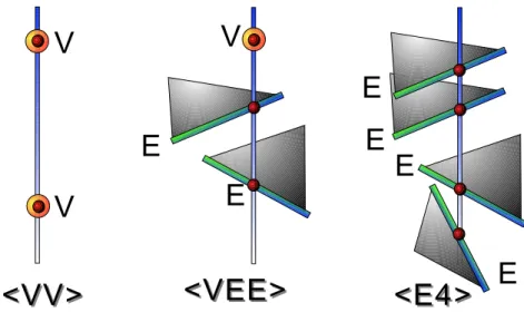 Figure 3.2: Three generic kinds of extremal stabbing lines : VV, VEE and E4