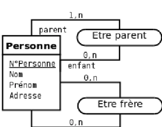 Figure 2.7: Exemple d’associations reflexives sur le type-entité Personne. Le premier type-association permet  de modéliser la relation parent/enfant et le deuxième type-association la relation de fraternité.