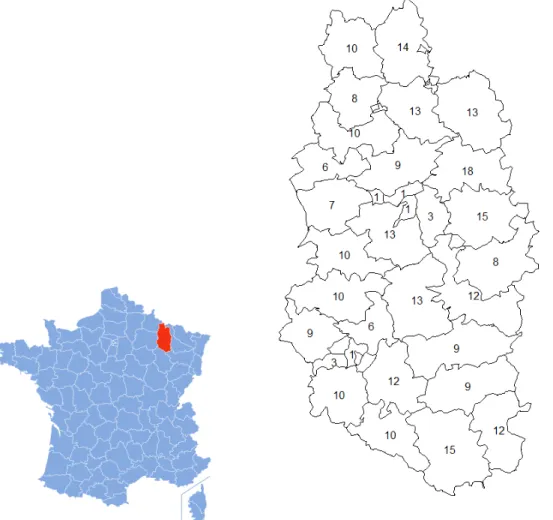 Figure 1: Location of sample farms in cantons of the Meuse département