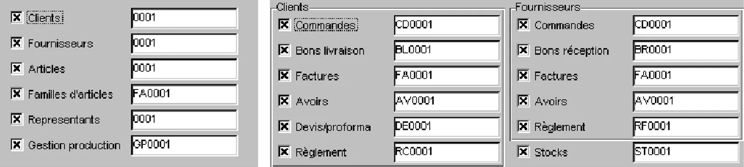 Fig  : Onglets Codes bases (à gauche) et codes pièces (à droite) On peut revenir ultérieurement sur ces données par le menu Dossier/Paramètres.