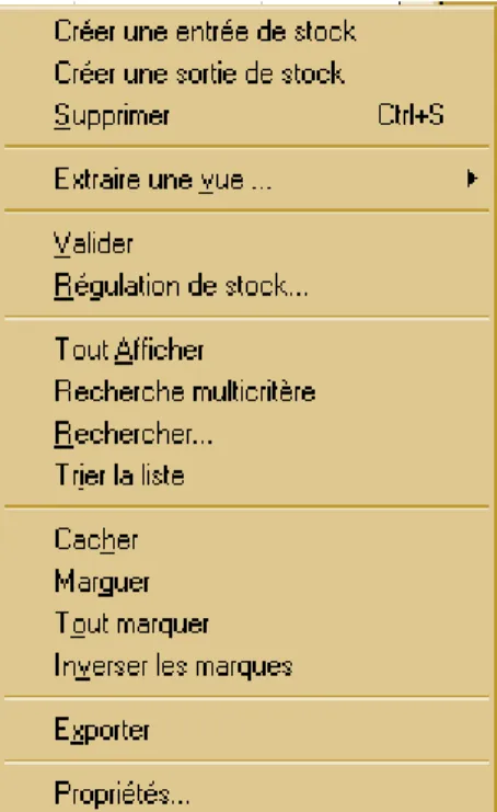 Fig  : Menu contextuel de la liste Bases/Mouvements de stocks 1.1 Bases/Gestion des nomenclatures