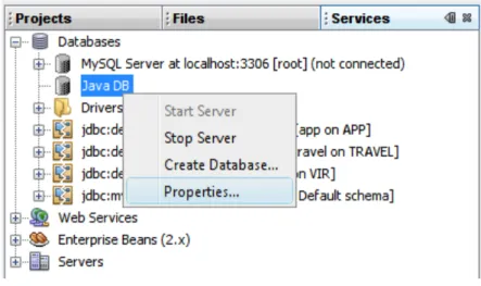 Figure 6-17: Accès aux propriétés de Java DB 