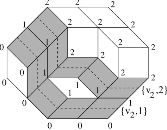 Figure 2: The 2-located height function and two de Bruijn zones.