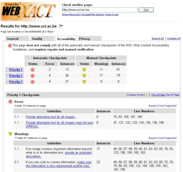 Figure 9 - Les résultats donnés par WebXACT dans sa version en ligne 