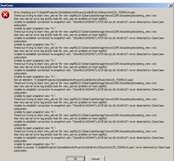 Figure 1 - Message d'erreur du logiciel ClearCase 