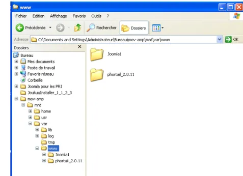 Illustration   :   dossier   www   de    movamp,   dans   lequel   on   a   placé   le    dossier   Joomla1   et   un   autre   site    (Phortail)   
