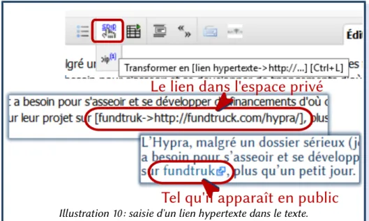 Illustration 10: saisie dʼun lien hypertexte dans le texte.