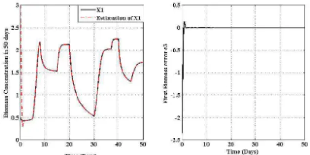 Fig. 9. The first biomass x 1 and its error estimation with a perturbation on s 2