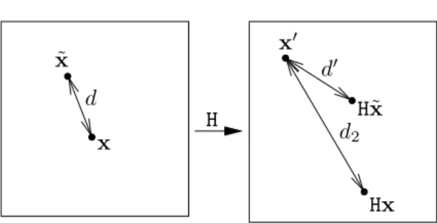 Figure 1: Two images linked by homography H. Points x and x’ are measured points, x˜ is the point minimizing d 2 + d 02 where d and d 0 are the distances x to x˜ and x 0 to H x.˜