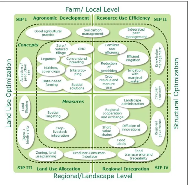 Figure 10: Preliminary version of the conceptual-scenario framework. Sets of concepts and measures, discussed in the  literature,  which  can  be  subsumed  to  SIPs,  depending  on  the  spatial  scale  and  whether  they  deal  with  land  use  or  struc