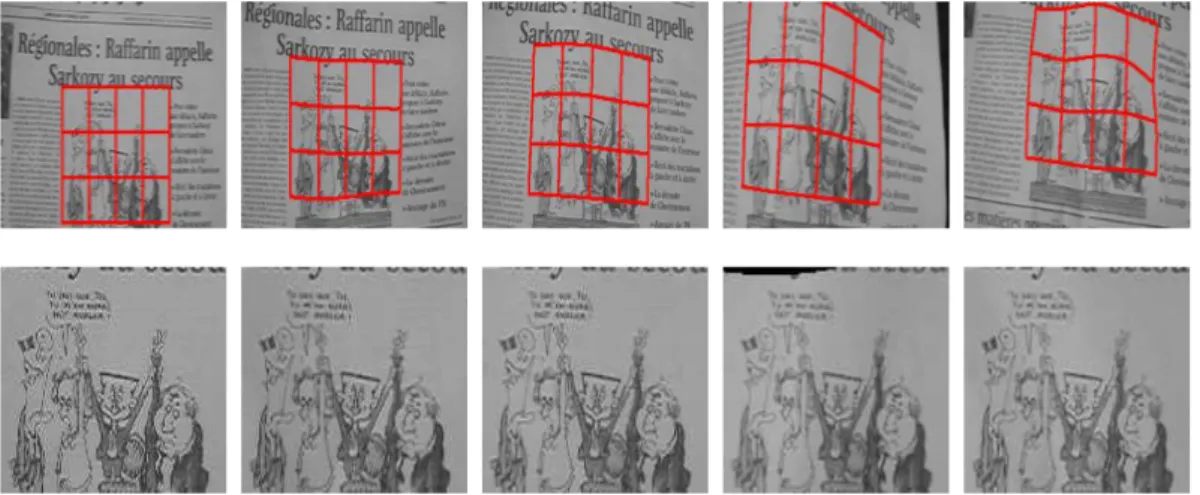 Figure 13: Visual tracking of a deformable surface in a sequence of 224 images acquired with an uncalibrated camera