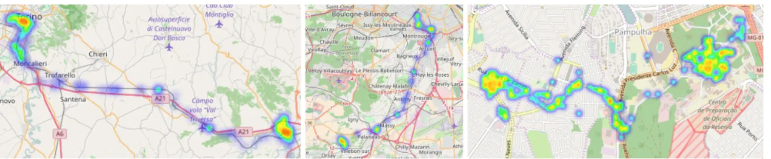 Fig. 1: Heatmaps of locations visited by three distinct users during three weeks: humans tend to commute between a limited set of specific locations