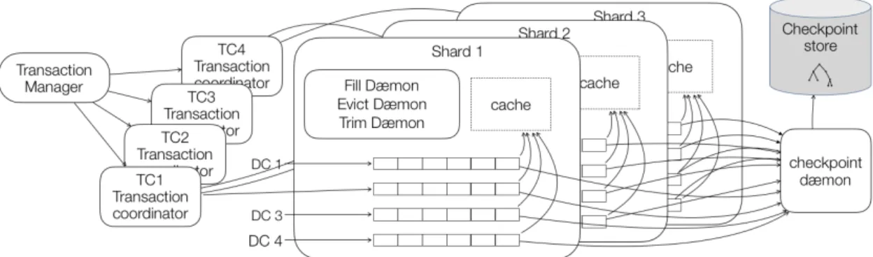 Figure 2: Inside a DC. The Transaction Manager supervises Transaction Coordinators that handle all the client transactions