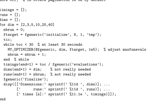Figure 2: exampletiming.m: example for measuring the time complexity of MY OPTIMIZER given in MATLAB/Octave