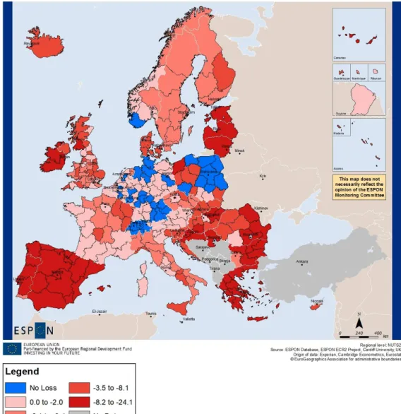 Figure 2.3 illustrates the proportionate fall in employment in each region.  Whilst  employment  levels  fell  by  less  than  5%  in  most  regions,  a  small  number  of  regions  have  been  affected  much  more  adversely