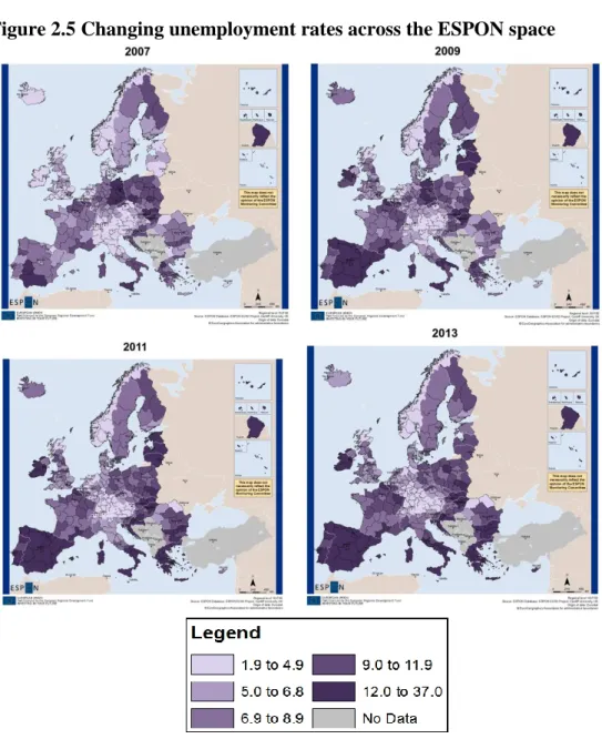 Figure 2.5 Changing unemployment rates across the ESPON space 