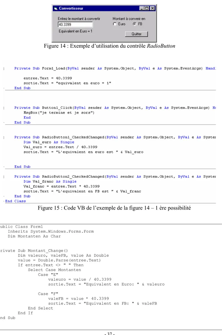 Figure 15 : Code VB de l’exemple de la figure 14 – 1 ère possibilité 