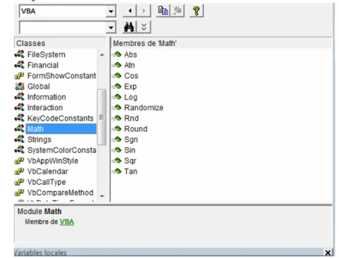 Fig. 3.3 –La collection des fonctions mathématiques de VBA dans l’explo- l’explo-rateur d’objets