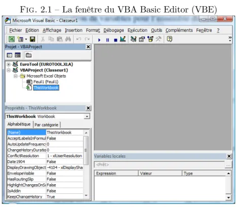 Fig. 2.1 –La fenêtre du VBA Basic Editor (VBE)