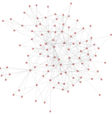 Figure 6: A generated social network. |N| = 100 nodes, |E| = 500 edges and |E 0 | = 50.