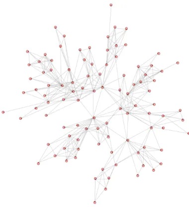 Figure 7: A generated social network. |N| = 100 nodes, |E| = 500 edges and |E 0 | = 0.