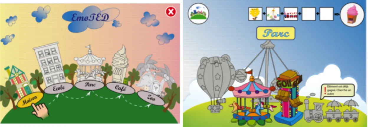 Fig. 5. Design mockups of the children’s application; main screen showing the scenes (left); focus on a scene (right).