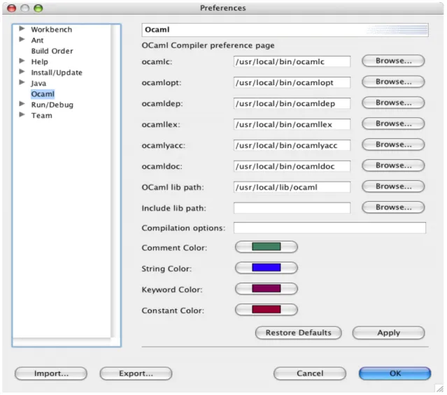 Figure 10 : préférences du plug-in ocamlCompiler version multiplateforme 