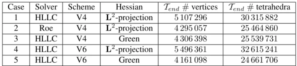 Table 1: All simulations cases for double-cone spike geometry. For each case, the final adapted mesh size is given.