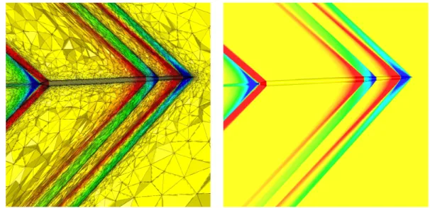 Figure 7: A close view of the final adpated mesh and the solution of case 5.