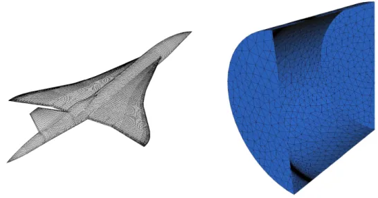 Figure 1: Left, surface mesh of the supersonic business jet geometry. Right, the two kilometres and a half cylindrical computational domain.