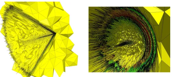 Figure 2: 3D supersonic aircraft simulation. Two views of the final anisotropic adapted mesh containing 3, 764, 591 vertices and 22, 324, 258 tetrahedra throughout cut planes