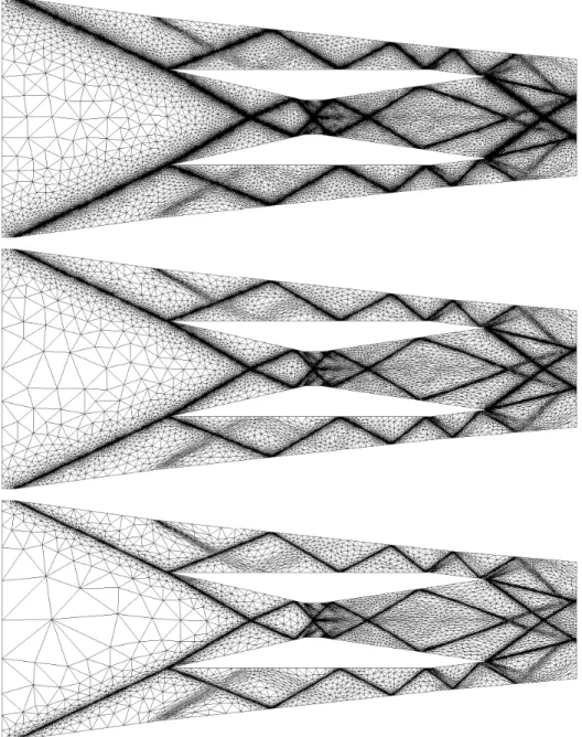 Figure 11: Adapted meshes resulting from the simulation of a scramjet with the physical- physical-space-homogeneous gradation