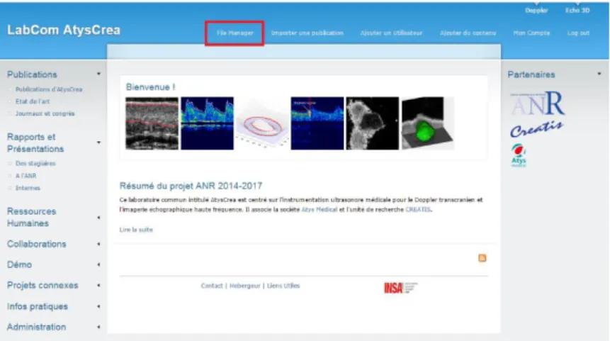 Figure 12 : Aperçu du Site avec le lien du Gestionnaire de Fichiers