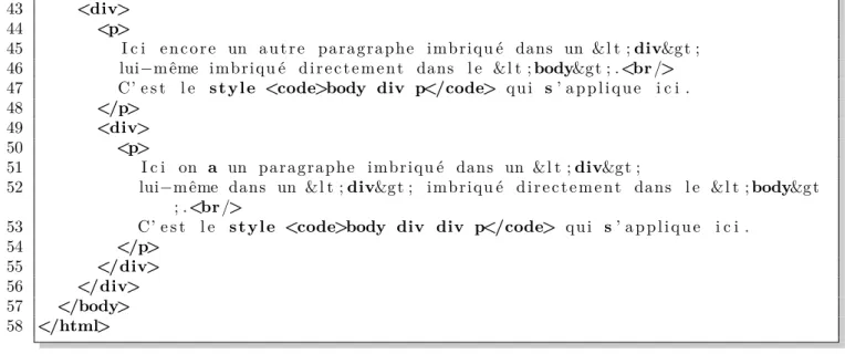 Figure 2.1 : L’arbre d’imbrication des balises de l’exemple ex11_arborescenceCSS_html Dans le ﬁchier CSS, on peut déﬁnir un style (et éventuellement plusieurs classes CSS ) pour chaque sous-arbre de l’arborescence