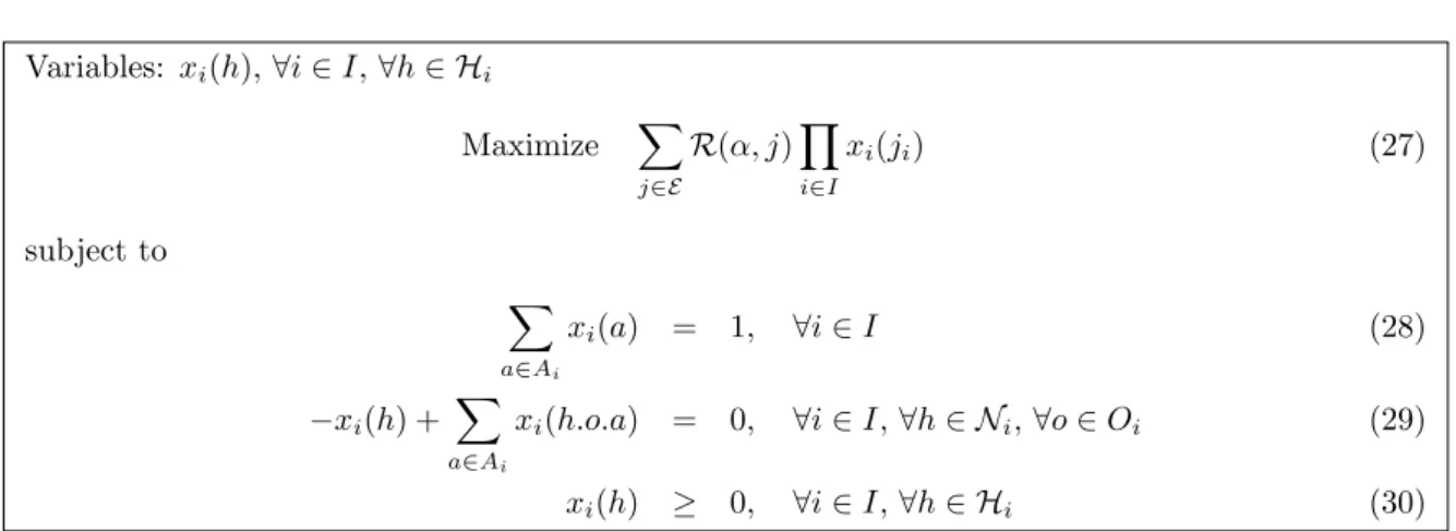 Table 2: NLP. This non-linear program expresses the constraints for finding a sequence-form joint policy that is an optimal solution to a DEC-POMDP.