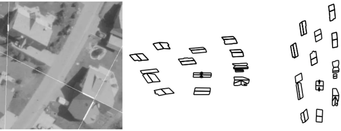 Figure 9: Line segments and directions used for defining the coordinate axes (left); two top-views (left) and (right) of the scene reconstructed with two different values of the scale-factor along one of the horizontal axes (see text).