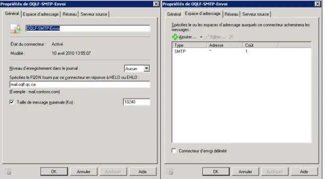 Figure 3.1.2-2 Exemple des diverses options du connecteur SMTP d’envoi sous Microsoft Exchange Server 2010 