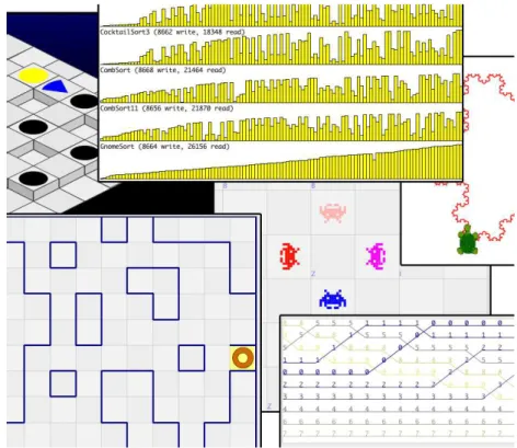 Figure 2: Visualizations of different existing micro-worlds (from left to right and top to bottom): LightBot, Sorting world, Turtle world for Recursivity, Buggle world for labyrinths and initiation exercises, and another visualization of the sorting world.