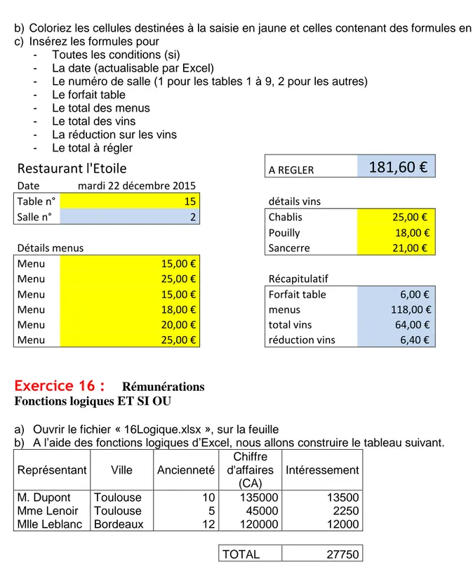 Table n°  15  détails vins 